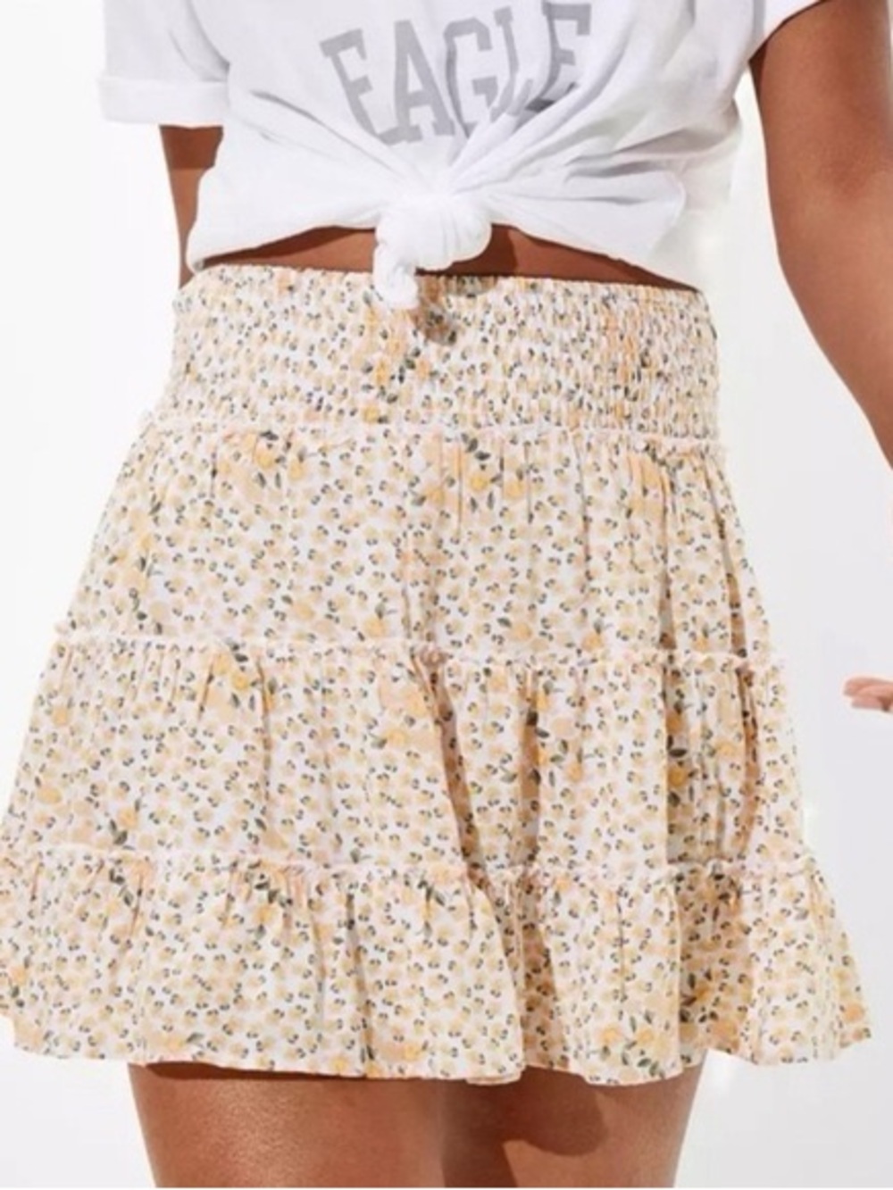 American Eagle Smocked Waist Floral Tiered Mini Skirt White Yellow NWT Small - Picture 1 of 7